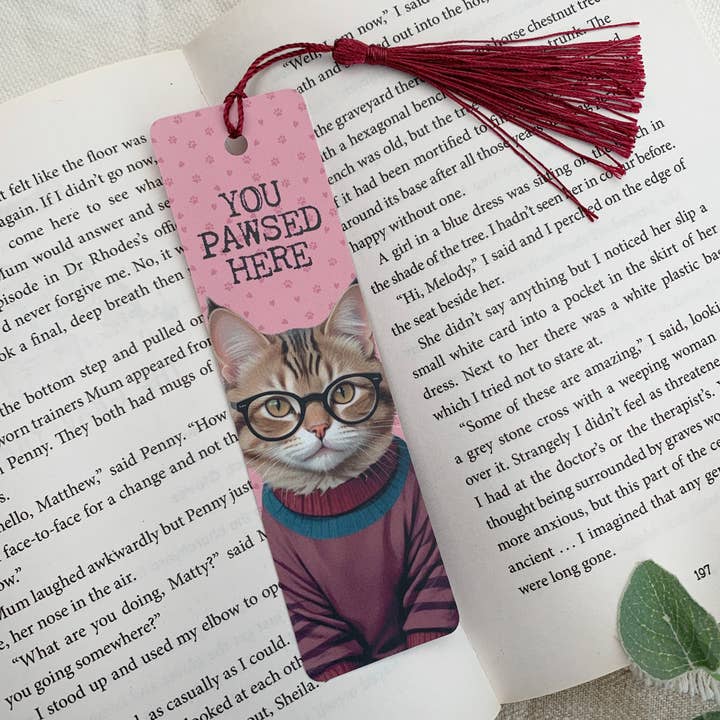 Tabby cat bookmark with tassel - you pawsed here! for wholesale by Wild Bloom Press