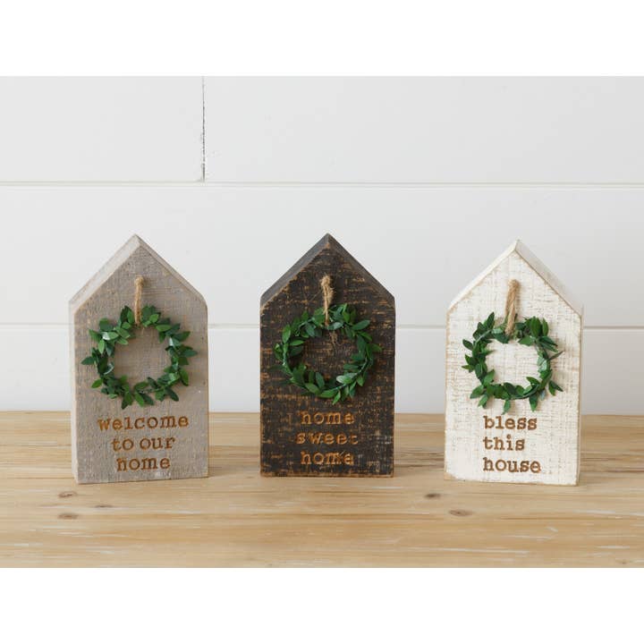 Block Houses With Wreaths (Pk/03 Ast) for wholesale by Audrey's Home & Gift