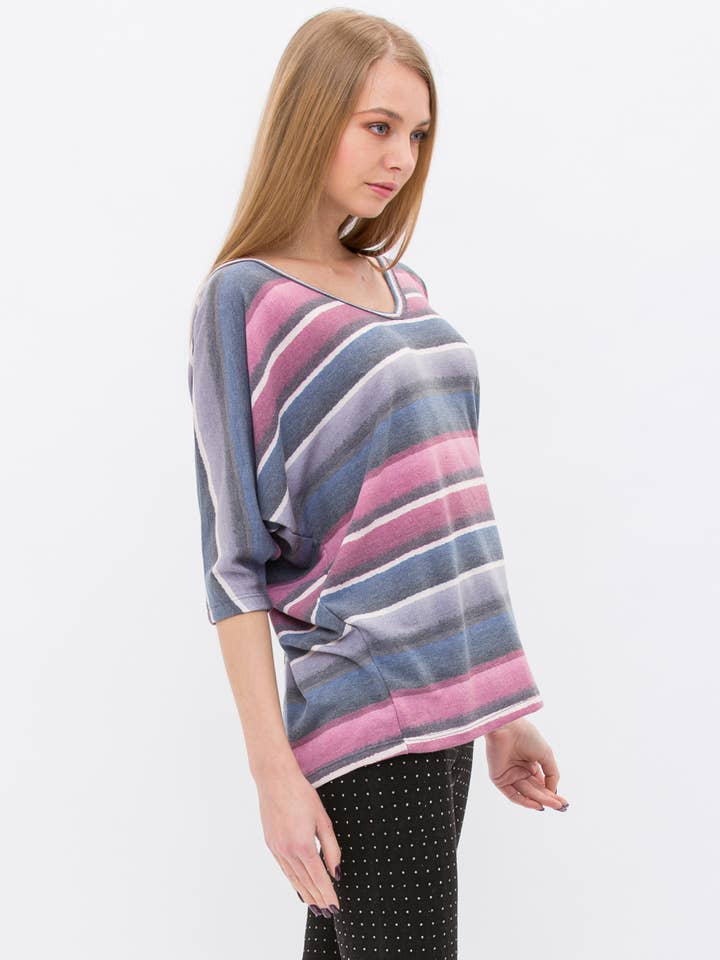 VOCAL - Wholesale Knit Top - Women's - STRIPE KIMONO SLEEVE TOP WITH STRINGS IN THE BACK 19328S6
