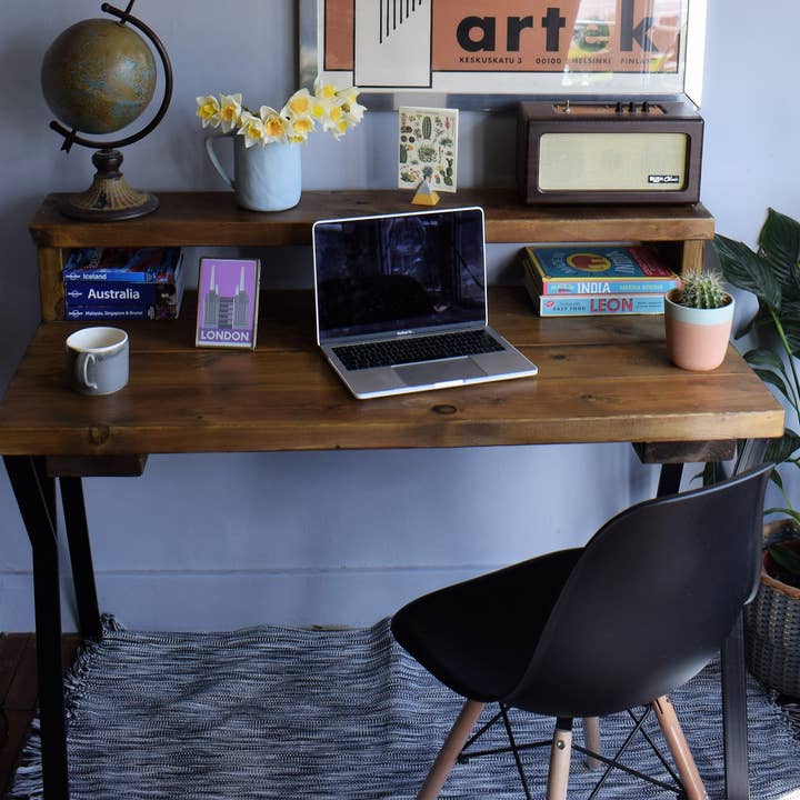 REMOVED BRAND – wholesale Desk set – Industrial Reclaimed Pine Desks with Black Steel Legs - Mid-Century Modern Home Office Furniture Riser Deep Shelf1