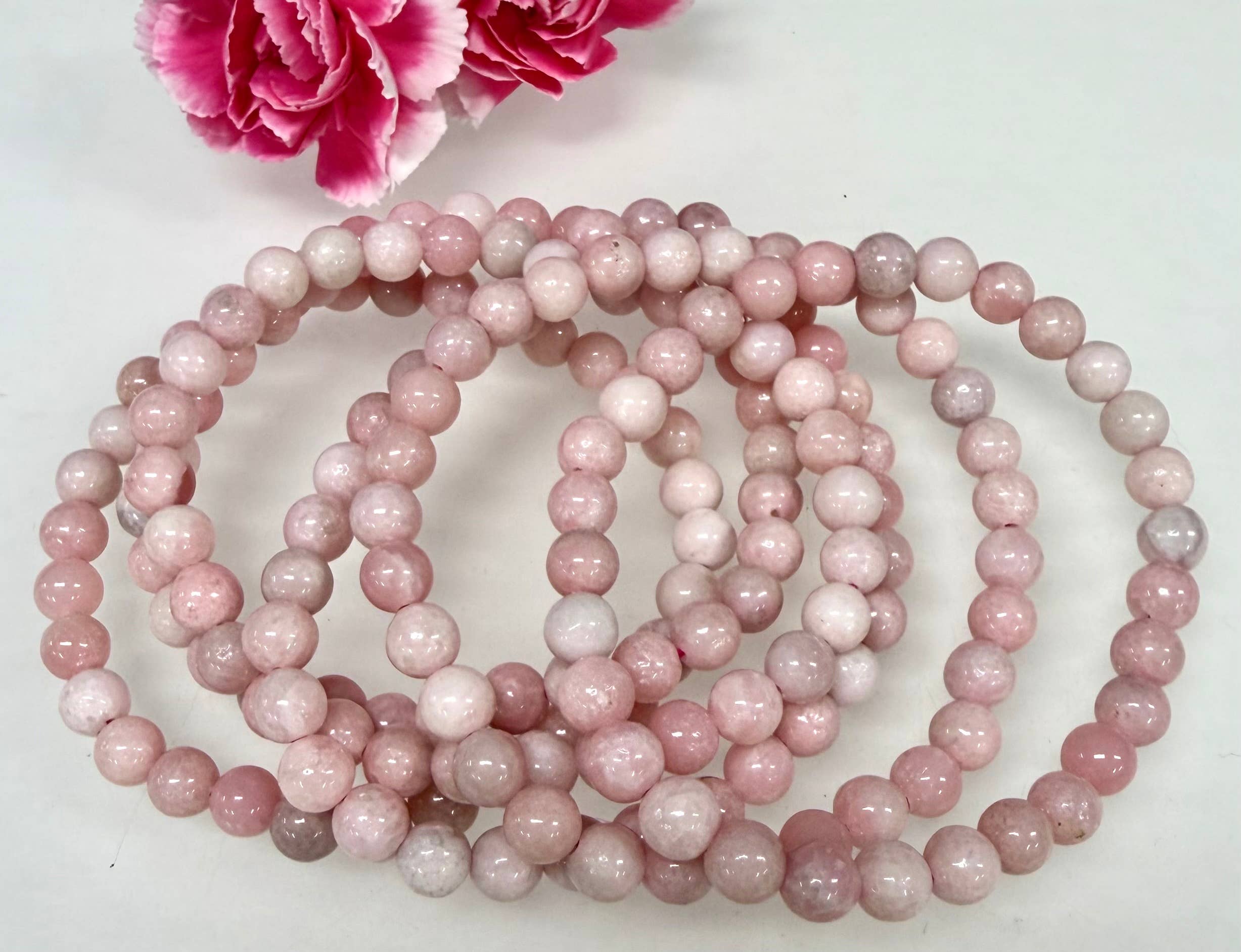 KayleeNYC – wholesale Pärlarmband – Naturlig rosa opal 6 mm 7,5” kristall stretch healing6