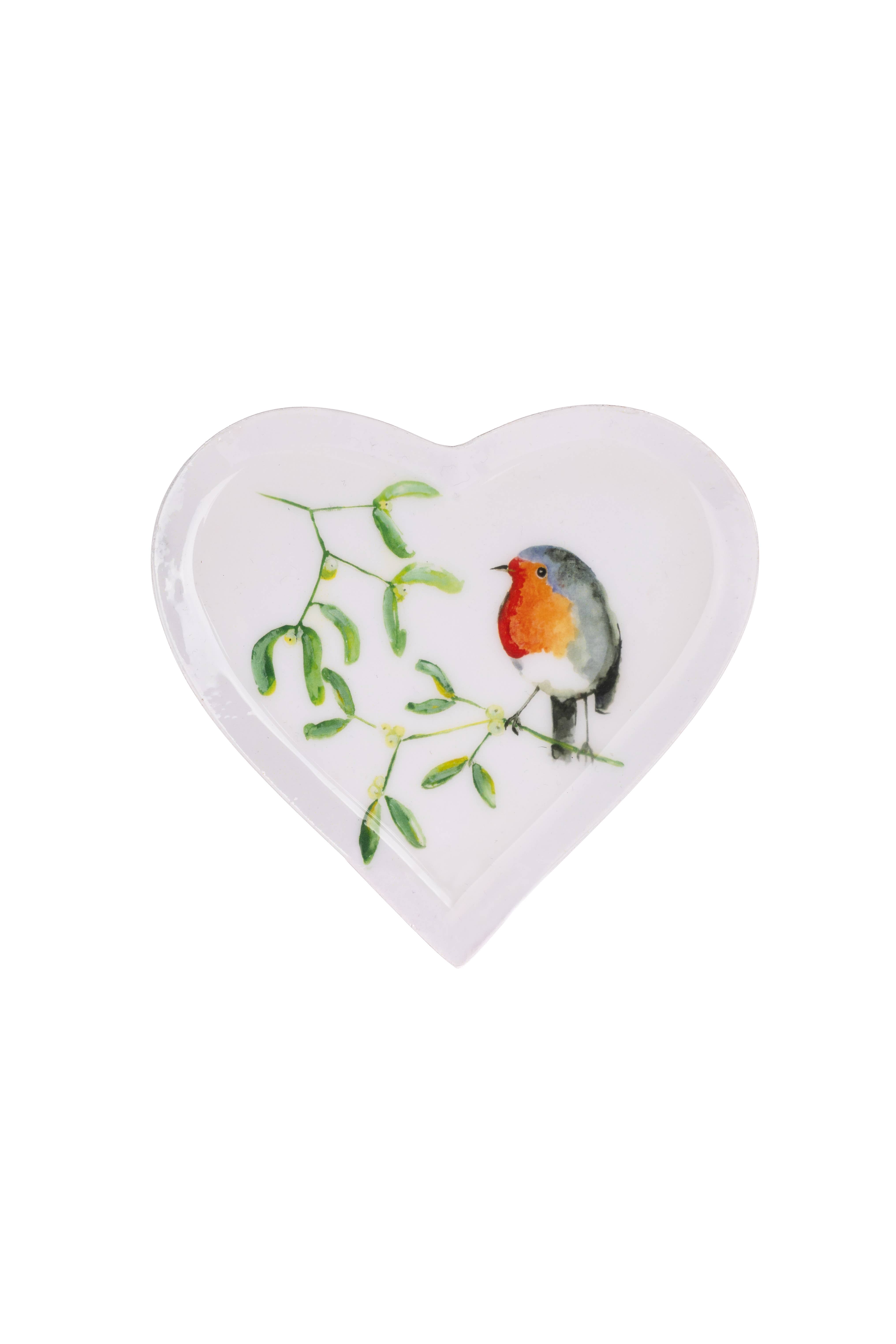 Shoeless Joe Ltd – wholesale Decorative plate/dish/bowl – Heart Dish with Robin & Mistletoe0