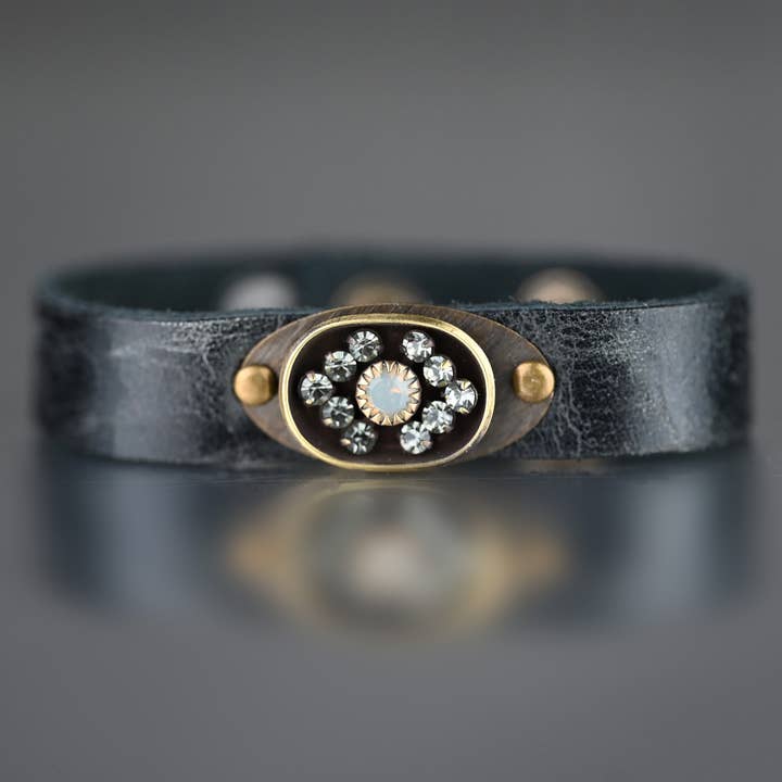 Vintage Stone Stacker Cuff (Weathered Black Leather) for wholesale by KBD Studio