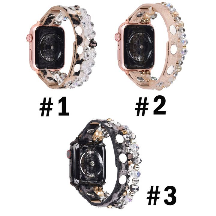 ShopTrendsNow - Wholesale Watch Band/Strap - Women's - Leopard Calf Leather and Crystal Apple Watch Band