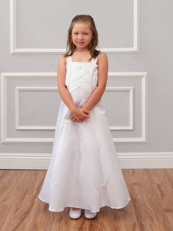 Criss Cross A-lijn satijnen communiejurk met kralen voor wholesale door mabel + honey