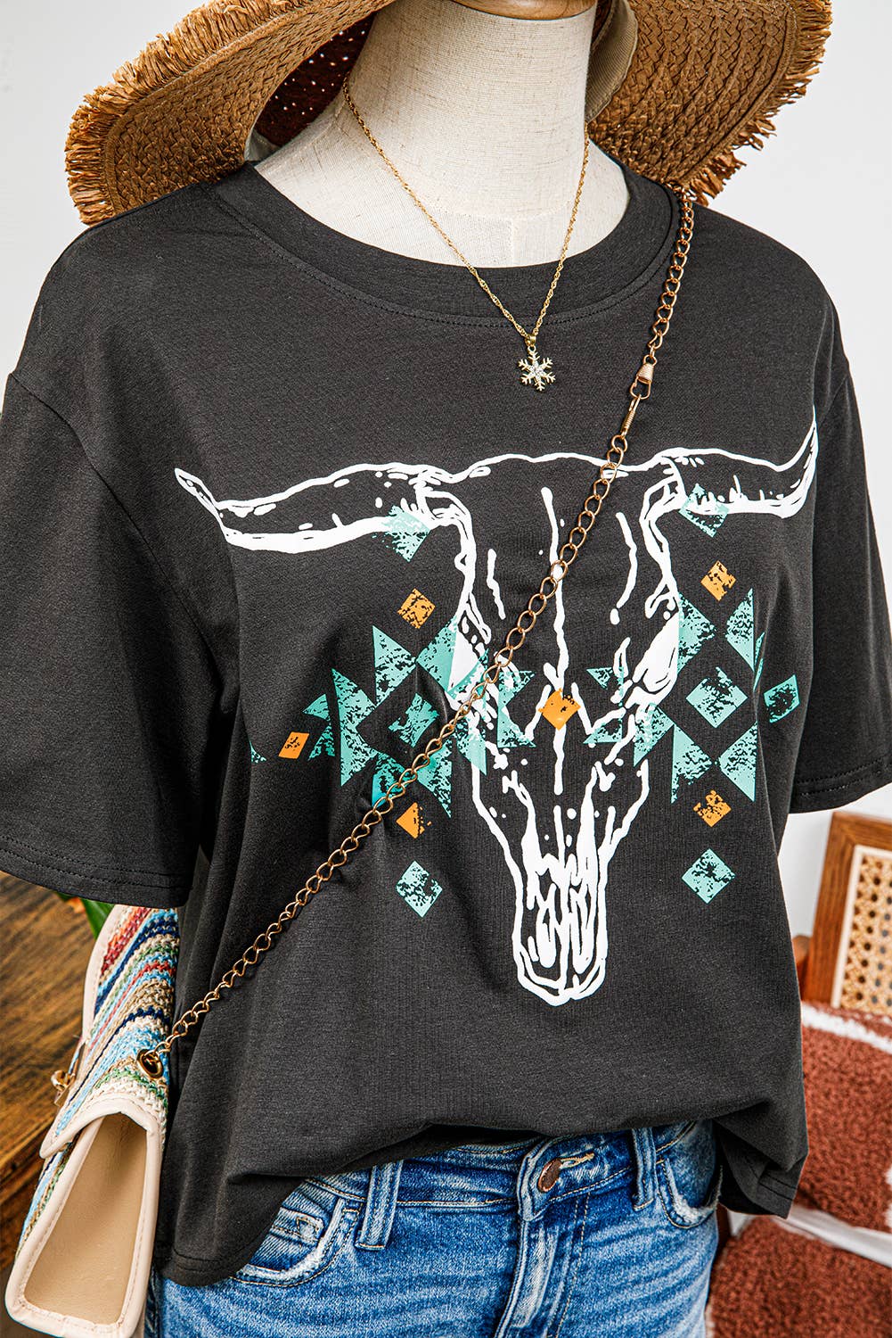 As shown Vintage Western Bull Head Skull Turquoise Graphic T Shirt for wholesale on Faire5