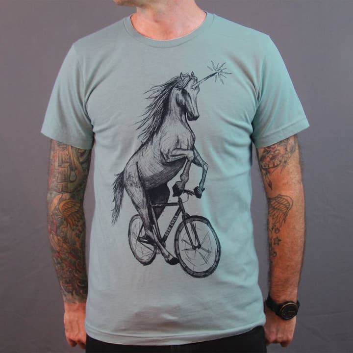 Dark Cycle Clothing - Wholesale Screen Printed T-Shirt - Unisex - Unicorn on A Bicycle Men's/Unisex Shirt5