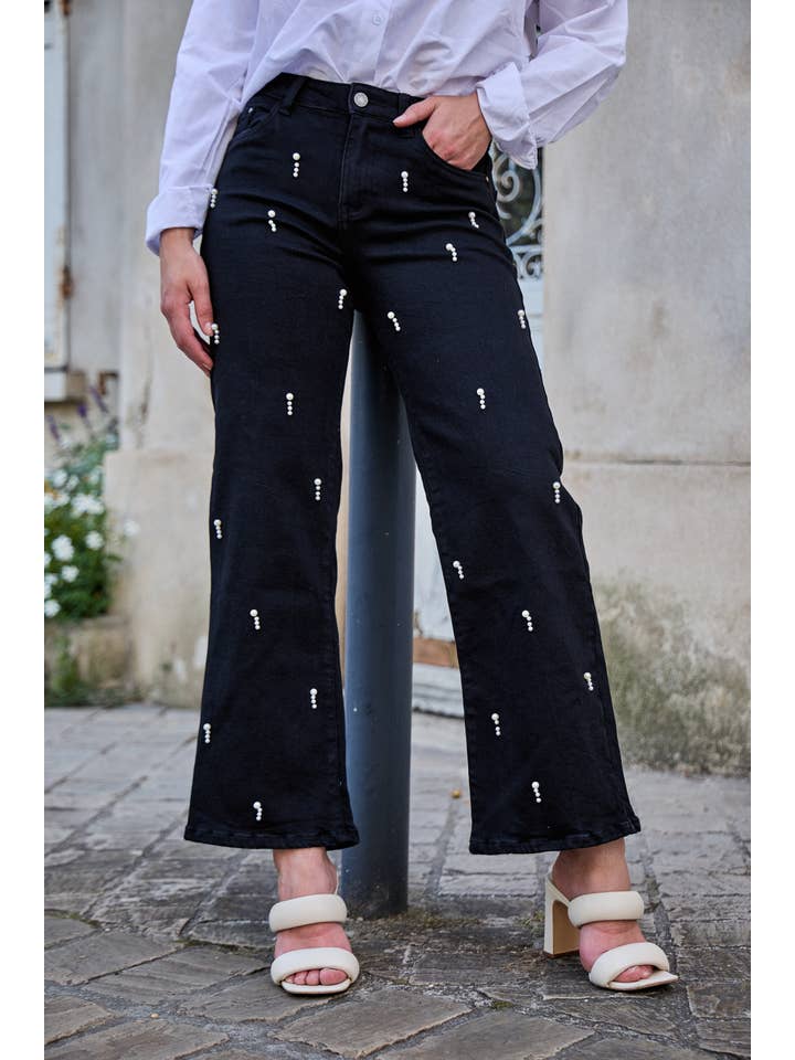 ANA & LUCY – Engroshandel Jeans - Dame – Jeans med brede ben til kvinder med smarte perler - ANA & LUCY1