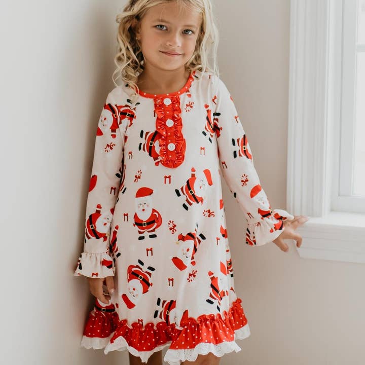 Oopsie Daisy - Wholesale Nightdress - Kids - Kids Red Santa Christmas Holiday Ruffle Lounge Play Gown0
