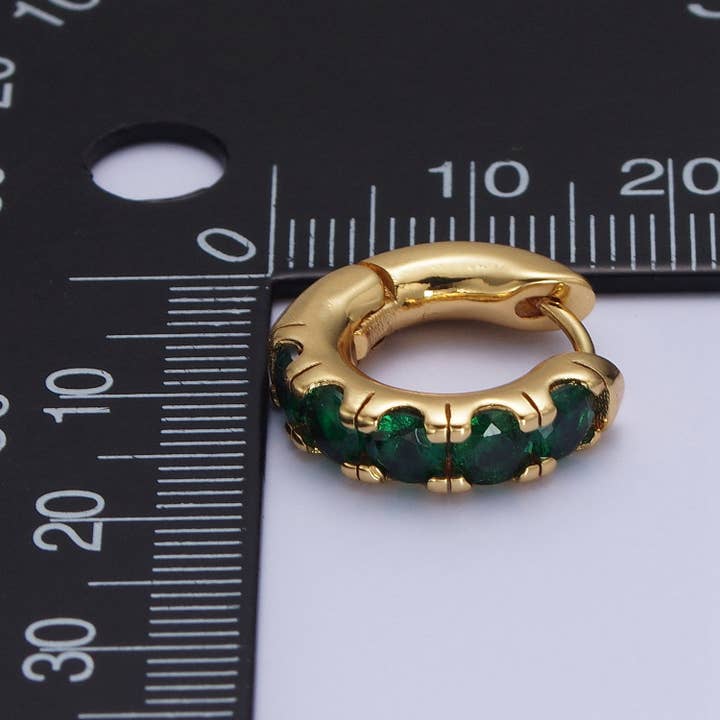 Aim Eternal - Wholesale Huggie Earrings - 24K Gold Filled Emerald Green Micro Pave Cubic Zirconia 16.5