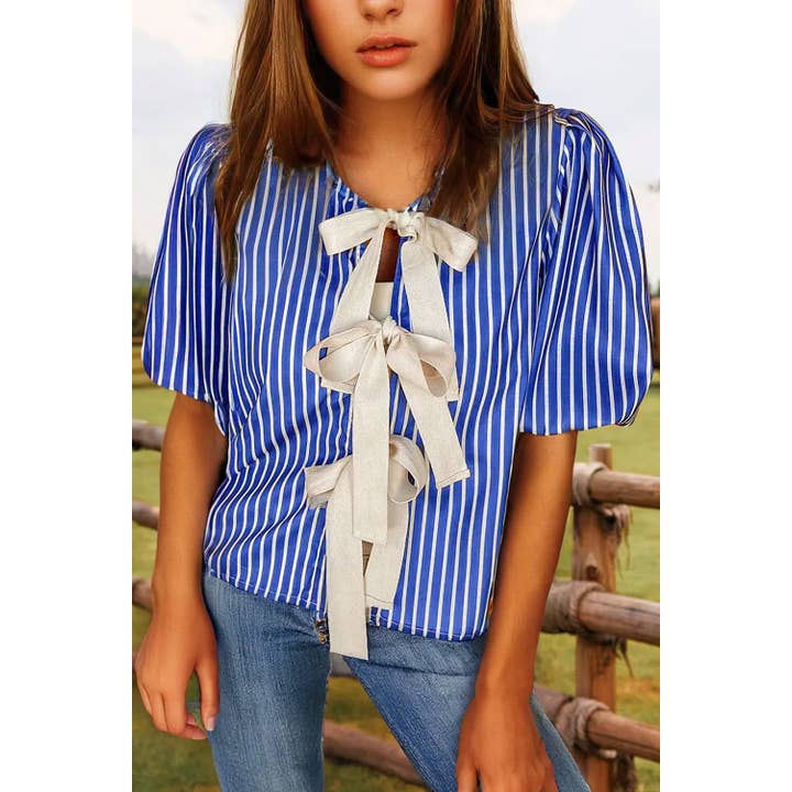 Fashion-W Stripe Tied Front Puff Short Sleeve Blouse for wholesale by fashionworks