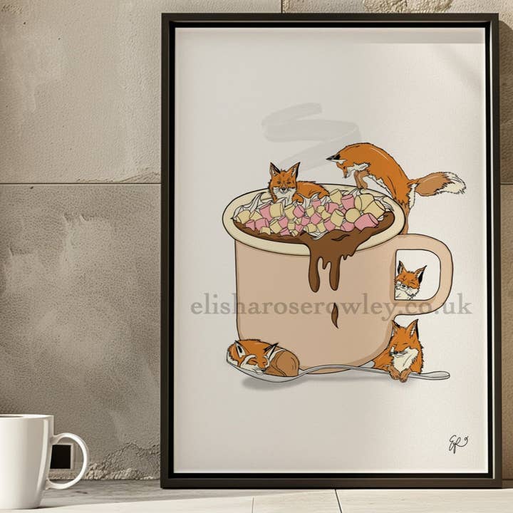 Fox Chocolate - Cosy Hot Chocolate Kitchen Print for wholesale by Elisha-Rose Rowley Art and Designs