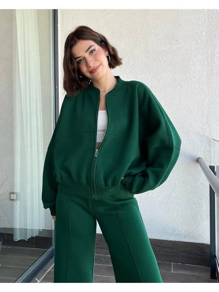 Vibesoothe - Venta al por mayor Conjuntos de top y pantalón (NO para estar en casa) - Mujer - Conjunto Urbano Chic - Cárdigan Verde con Cremallera y Pantalones