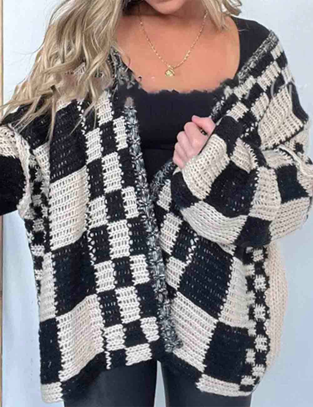Sweetkama - Wholesale Cardigan - Women's - Ladies Color Block Checked Long Sleeves Sweater Cardigan1