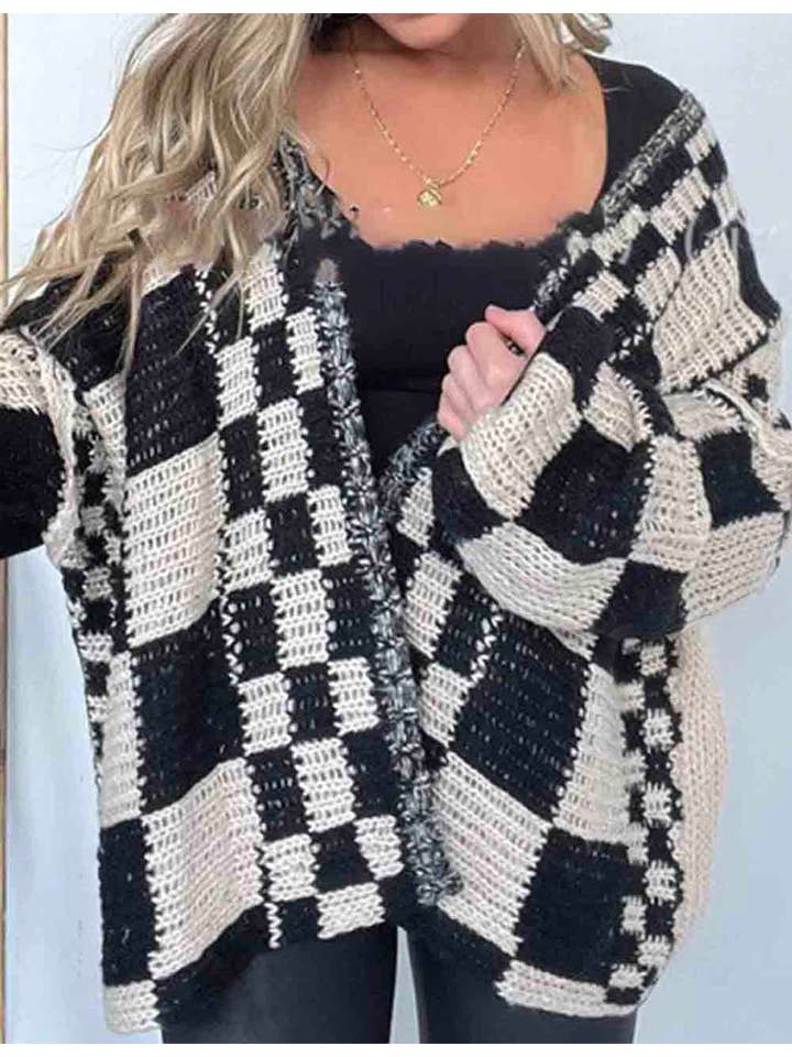 Sweetkama - Wholesale Cardigan - Women's - Ladies Color Block Checked Long Sleeves Sweater Cardigan1