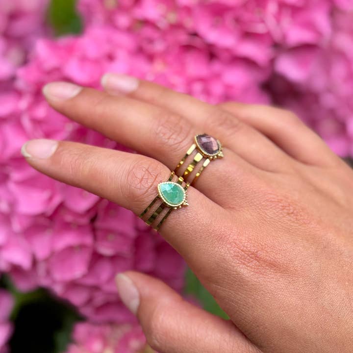 Ocean Ripples – wholesale Cocktail/statement ring – 18ct Gold Plated Amazonite Drop Triple Band Ring 3