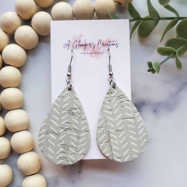 Sage & White Broken Chevron Teardrop Leather Earrings for wholesale by A Glamper's Creations LLC