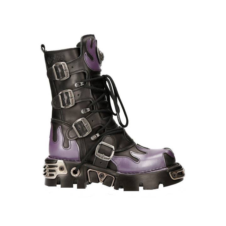 Nero Stivali da motociclista in pelle nera/rossa con teschio e fiamme New Rock - M-591-S5 in vendita all'ingrosso su Faire