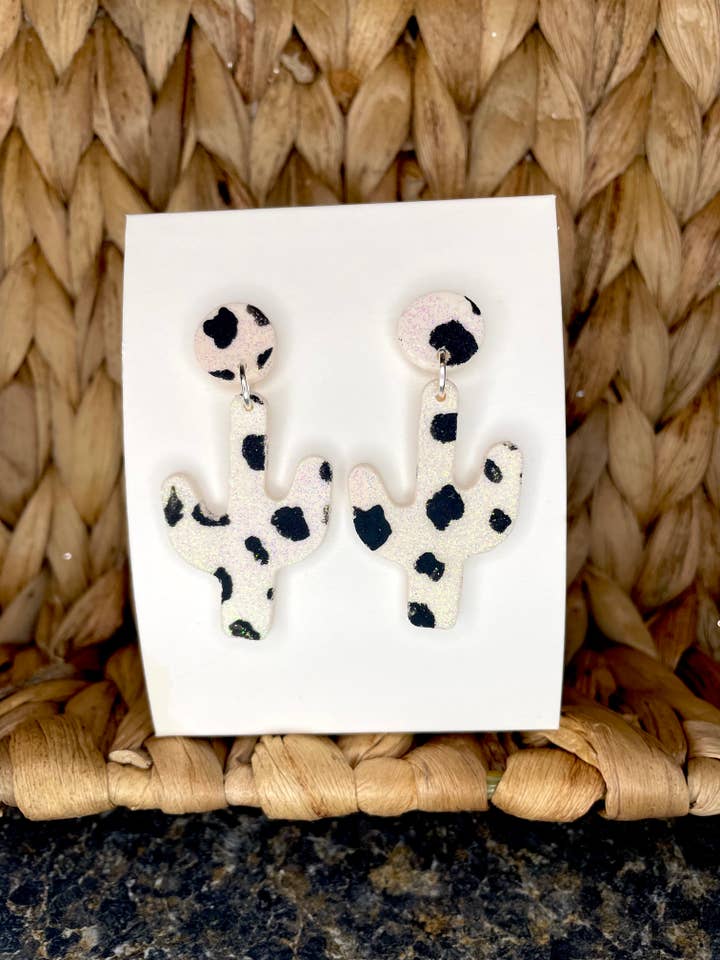 Glitter Cactus Cowprint Dangle Handmade Clay Earrings for wholesale by KBH CREATIONS