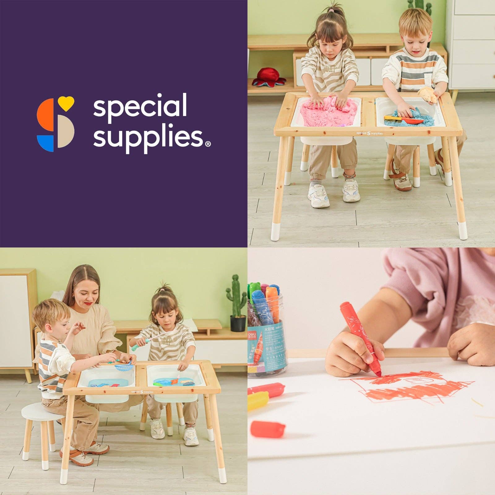 Special Supplies - Wholesale Toy Set - Kids - Kid’s Sensory Table Set with Deep Water and Sand Bins, Writable Lids, Chalk and Dry Erase Markers, and 2 Children’s Stools6