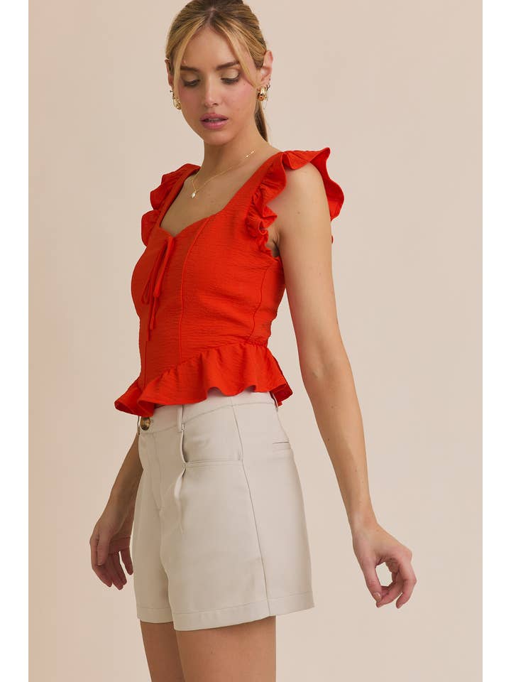 Rouge Haut à manches à volants avec encolure en cœur et nœud devant en vente sur Faire2