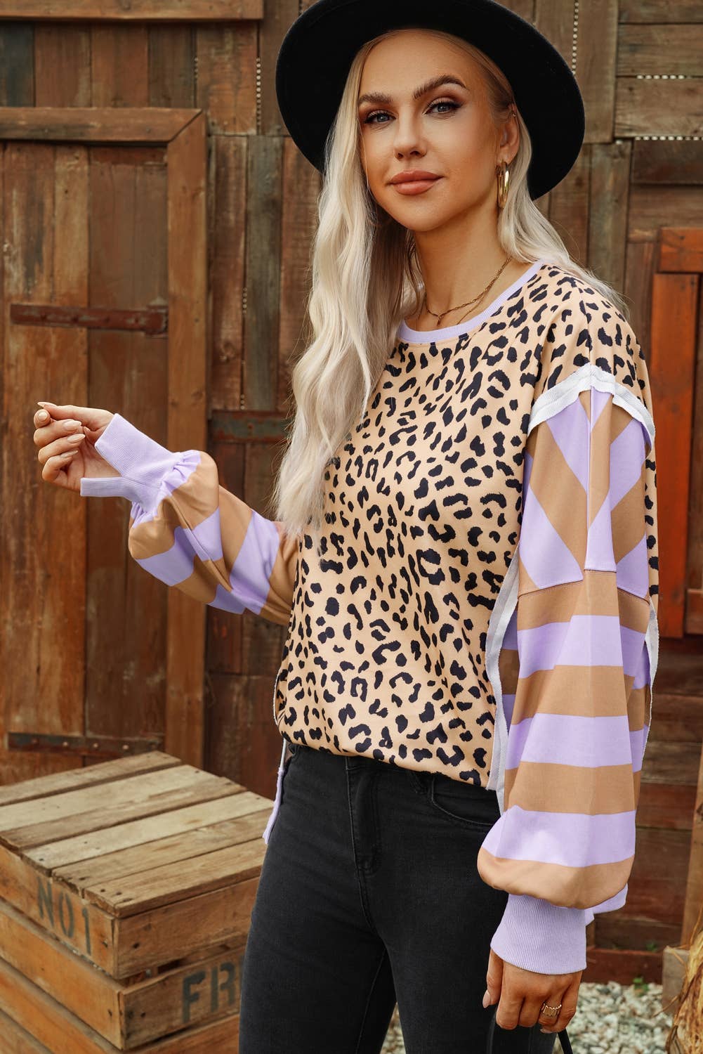 fashionworks - Wholesale Sweatshirt - Women's - Stripe Leopard Striped Color Block Side Slits Sweatshirt4