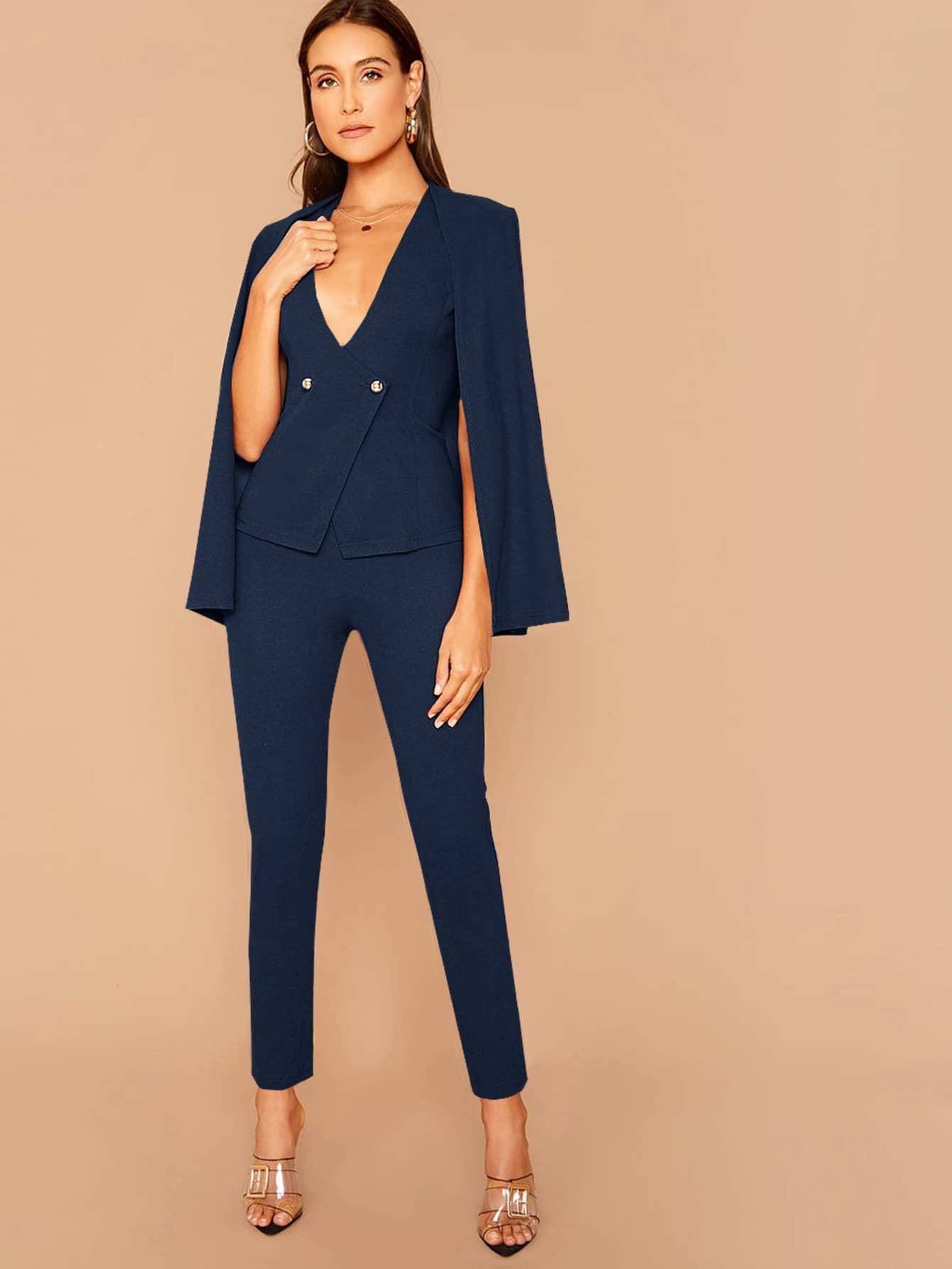Flarix – wholesale Suit set – Women′s – double breasted cape blazer and tailored pants set3