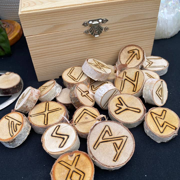 Elder Futhark Runes. Hand Drawn And Hand Burned w/ box for wholesale by You Are Uniquely Magic