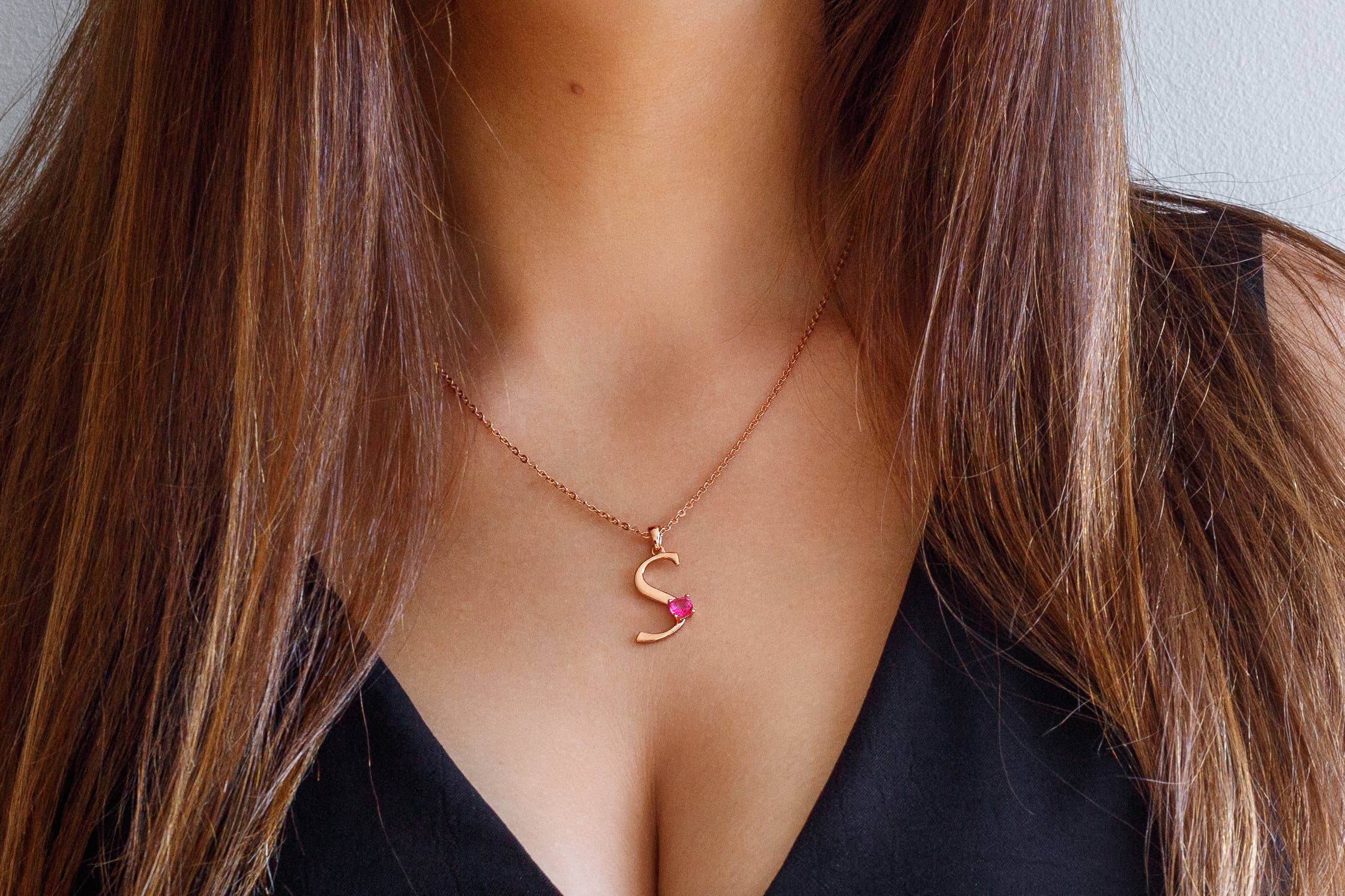 Thesoftcheek Jewelry - Wholesale Pendant/Charm Necklace - Initial Letter Necklace Silver Rose Gold Vermeil- Pink Topaz27