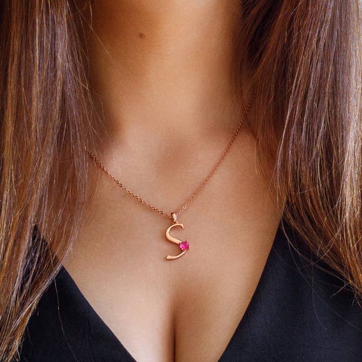 Thesoftcheek Jewelry - Wholesale Pendant/Charm Necklace - Initial Letter Necklace Silver Rose Gold Vermeil- Pink Topaz27