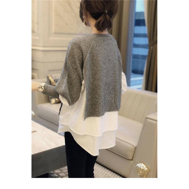 UZ Wholesale Store - Wholesale Knit Sweater - Women's - Long Sleeve Crewneck Patchwork Fake-Two Pullover Sweater5