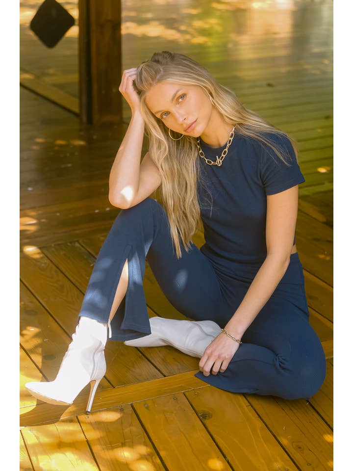 Listicle - Wholesale Lounge Set - Women's - Ribbed Crop Top & Split Hem Pants Set10