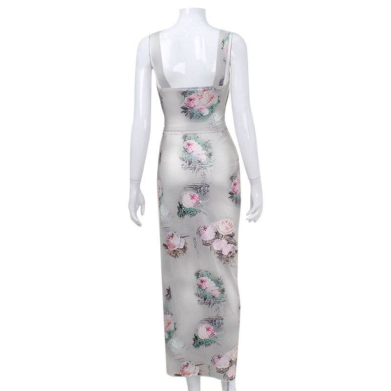 Afdrukken Sexy ensemble met hooggesplitste lange rok en bretellentop met bloemendessin voor groothandel op Faire3