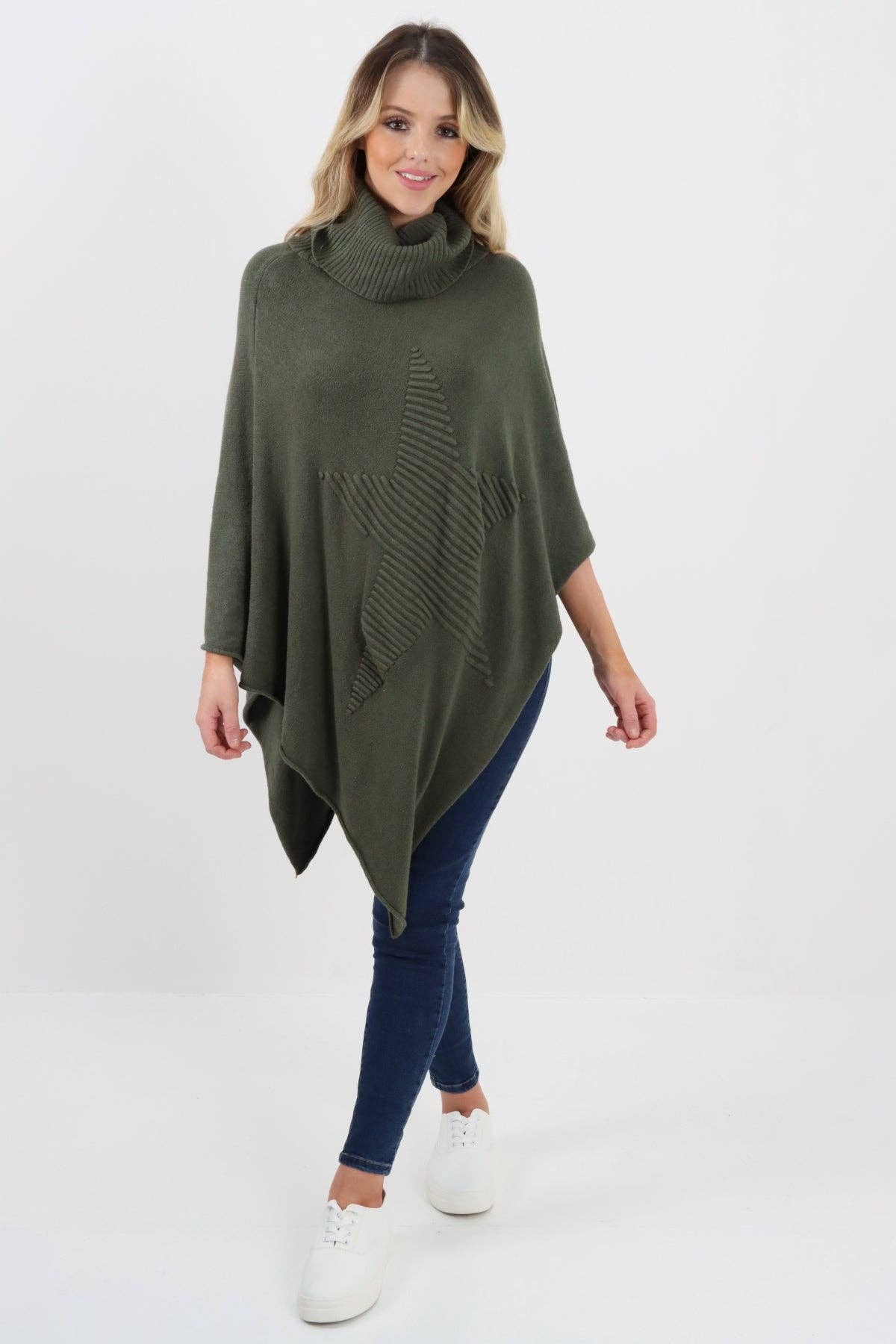 Miss Bold – Engroshandel Poncho - Dame – Italiensk strikket lagenlook poncho med stjernemønster og rullekrave15