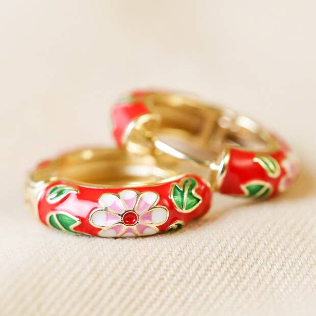 Red Cloisonné Hoop Earrings in Gold for wholesale by Lisa Angel