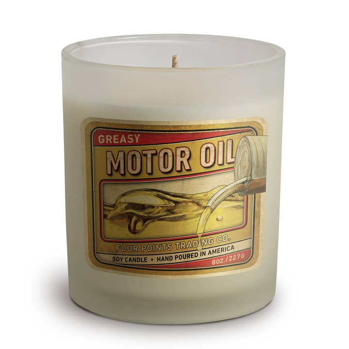 Motor Oil 8 oz Soy Candle for wholesale by Four Points Trading Co