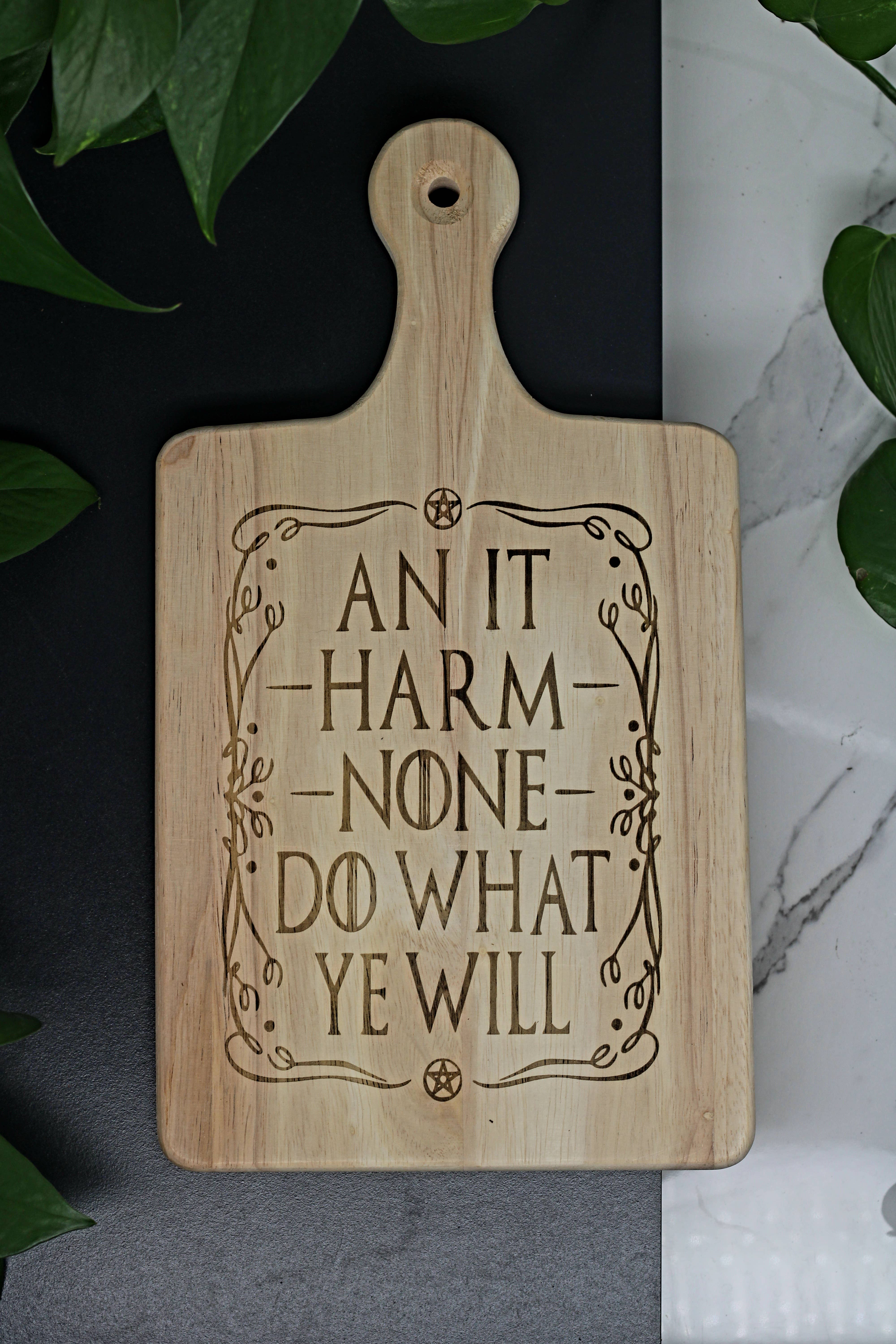 Three Witches Tea Shop - Wholesale Cutting Board - 13" "Harm None" witchy engraved charcuterie cutting board