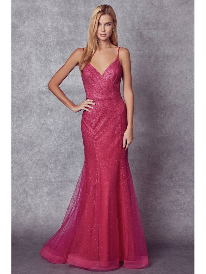 GLITTER MESH FITTED EVENING PROM GOWN for wholesale by Juliet