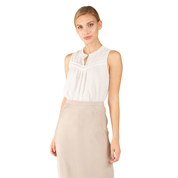 Sleeveless Top With Keyhole And Pleated Raw Edge Trim Detail for wholesale by Naked Zebra Rack