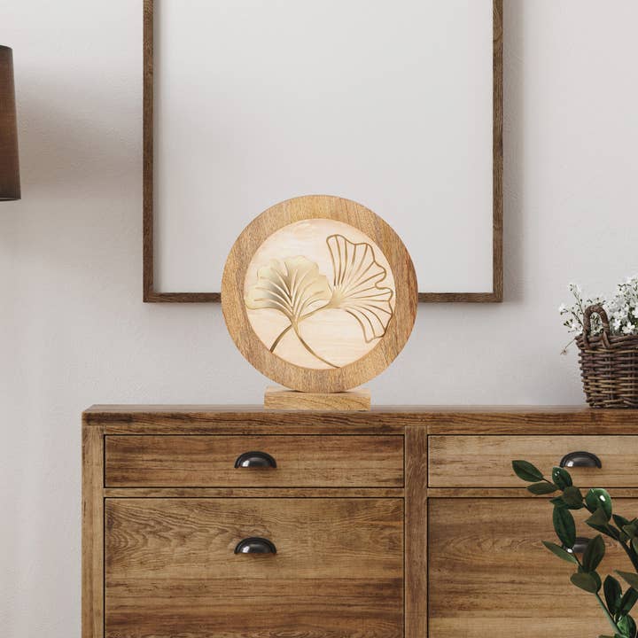 River of Goods - Wholesale Decorative Tabletop Object - 14"W Gingko Decorative Stained Glass Stand Wood Frame