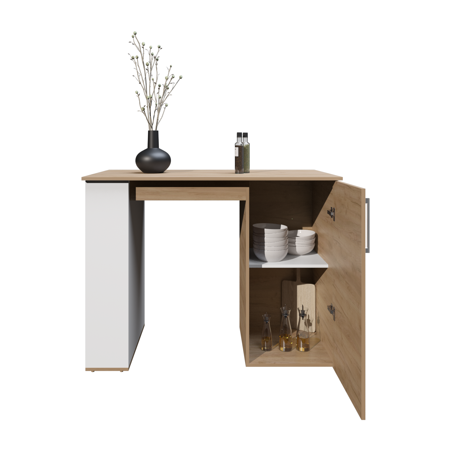 Blanc - Chêne Naturel Îlot de cuisine Allen avec étagères externes, blanc et chêne naturel en vente sur Faire7