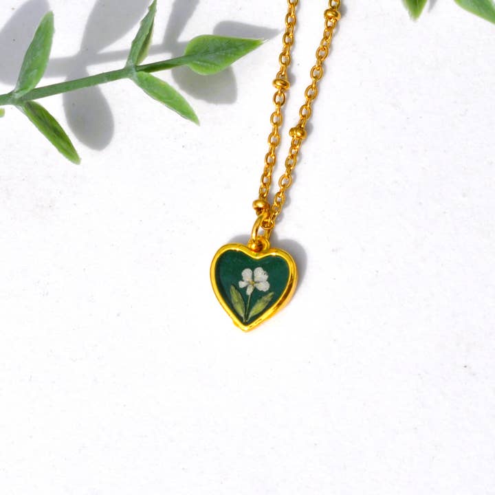 Pressed Flower Tiny Gold Heart Necklace for wholesale by My Beverly Jewelry