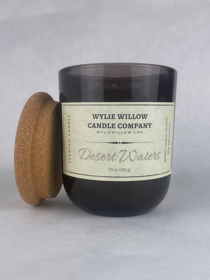 Desert Waters- 10 oz Wine Bottle + 6 oz Soy + Beeswax Candle for wholesale by Wylie Willow Candle Company
