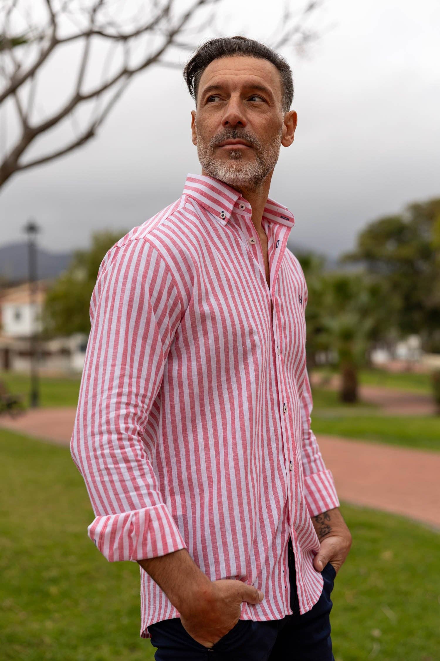 Custi Mikelo: Made in Spain - Wholesale Button Down Shirt - Men's - Pink Striped Linen Shirt | Baza2