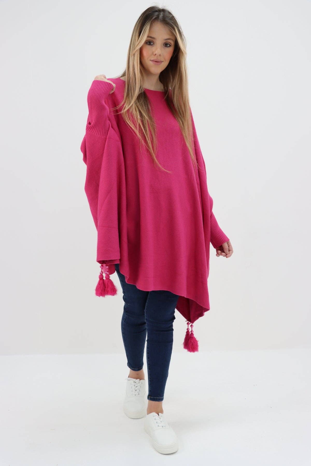 Miss Bold - Wholesale Poncho - Women's - Italian Plain Batwing Sleeves Tassels Tunic Poncho15