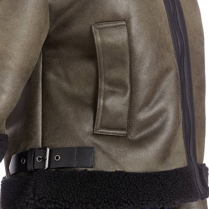 Olive Faux Shearling Bomber Jacket with Zipper and Spread Collar for wholesale on Faire