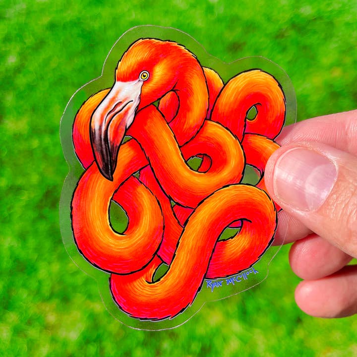 CLEAR STICKER: "Flamangled" Tangled Flamingo for wholesale by Ryan McCulloch Art