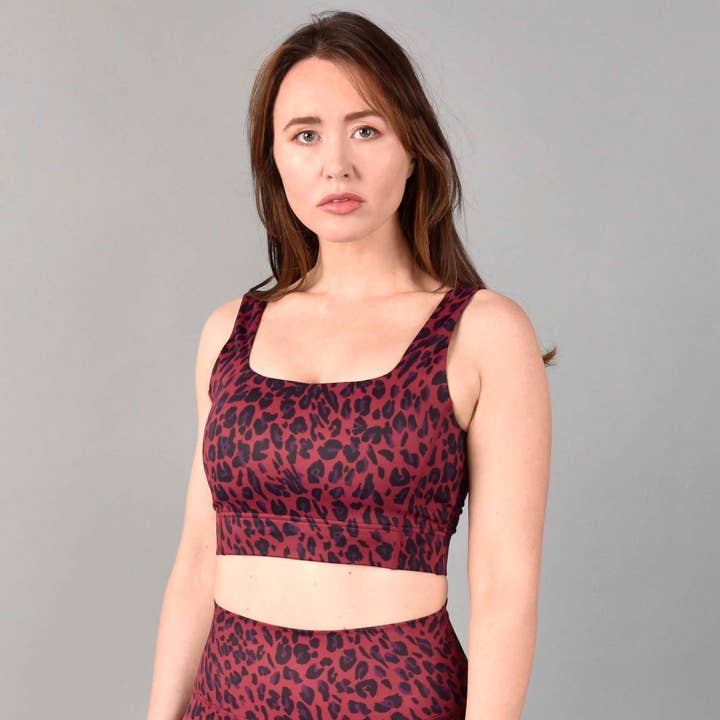 Brigitte Recycled Luxe Longline Bra in Red Velvet Leopard for wholesale by Wear Love More LLC
