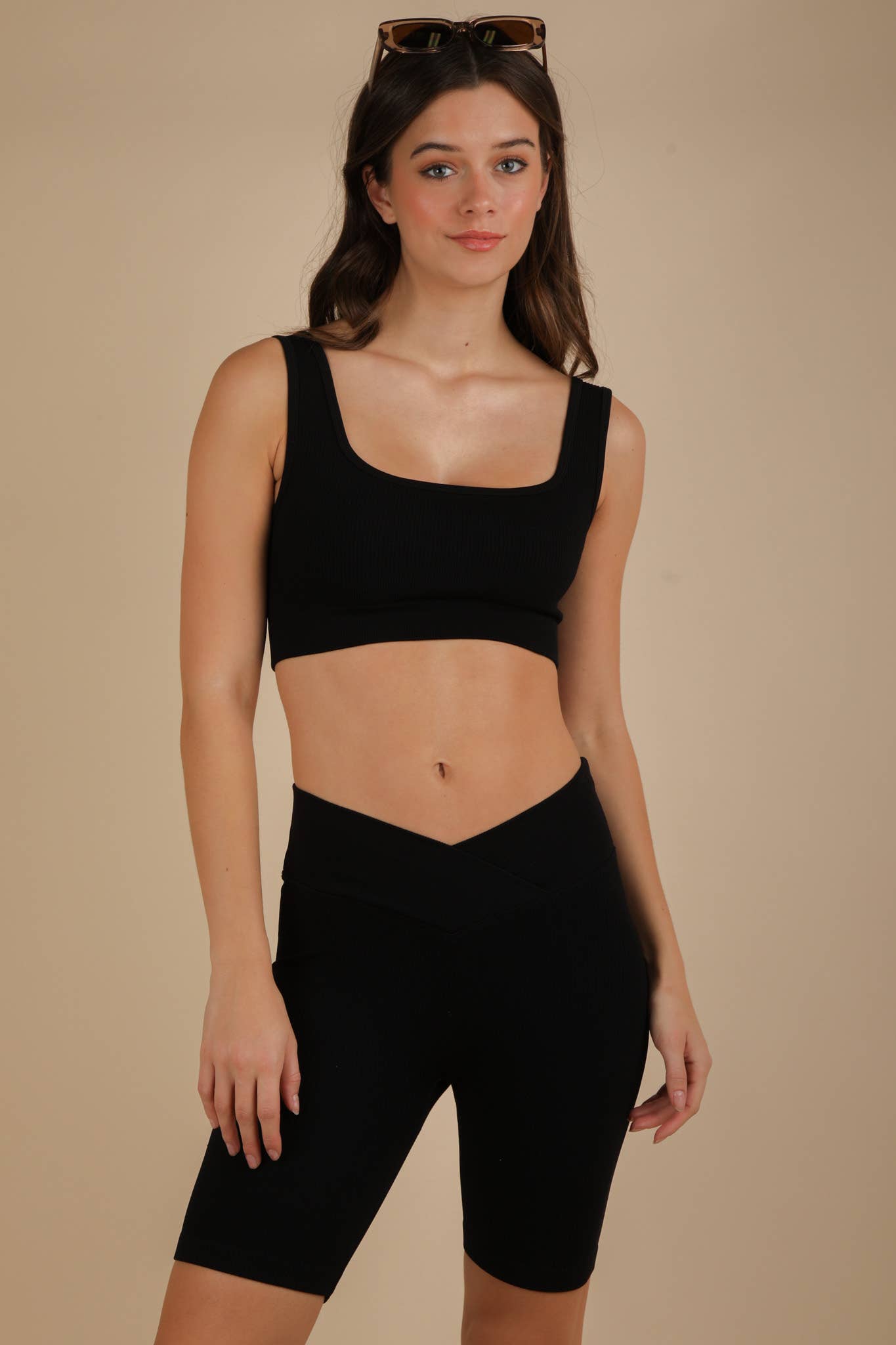 VERY J - Wholesale Activewear Set - Women's - NT12145SET-Ribbed Knit Activewear Top & Shorts Set0
