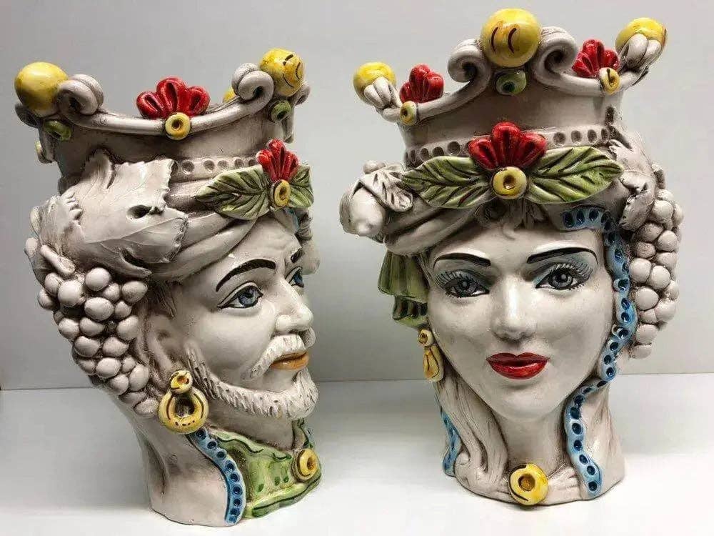 DD Ceramiche Siciliane - Vendita all'ingrosso Statuette decorative - Teste di Moro Classica Corona Sfere Giallo Ceramica Caltagirone cm H.28 L.20 Artigianale9